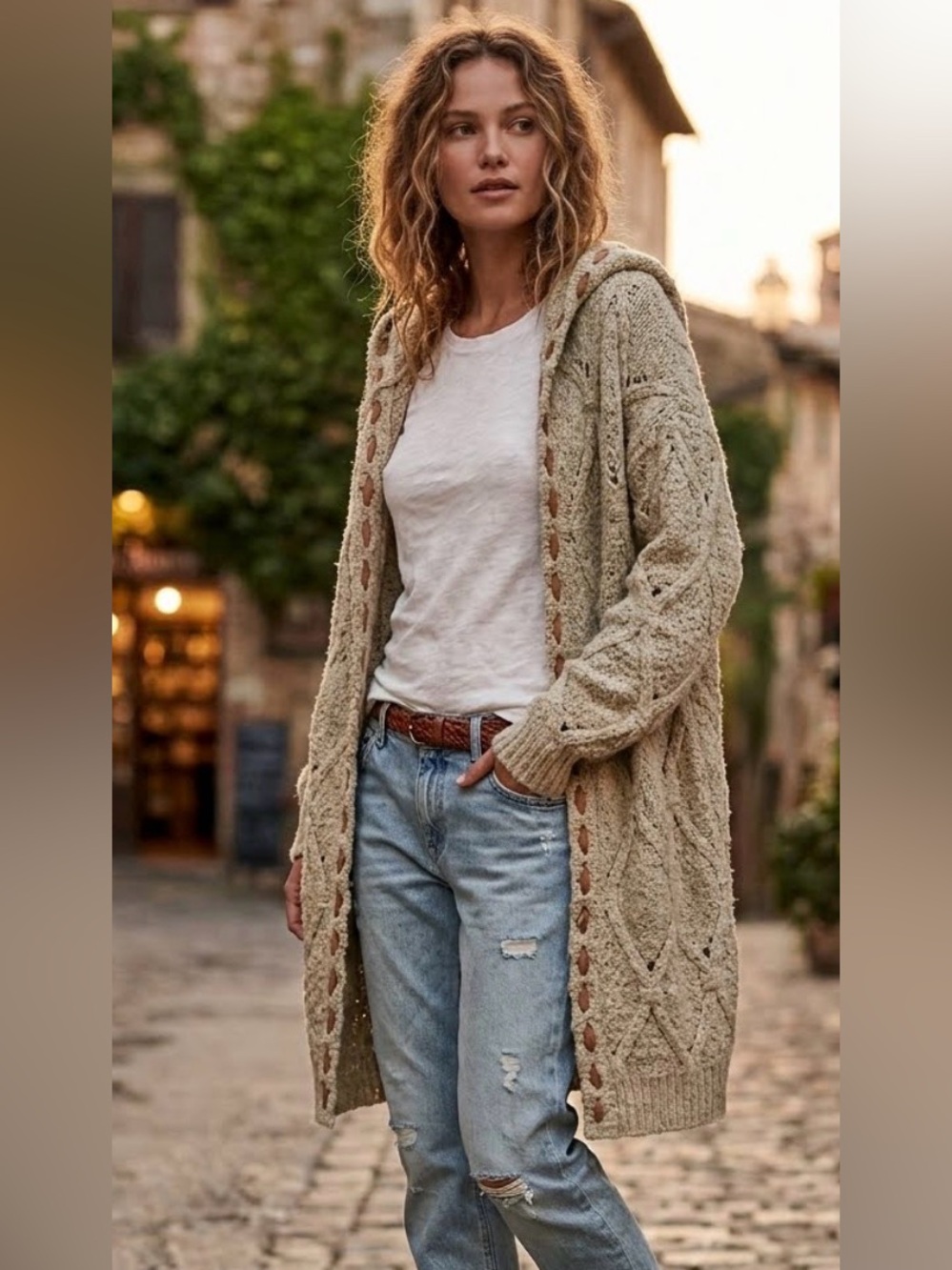 Long Hooded Cable-Knit Cardigan Sweater with Contrasting Stitching Size L-XL